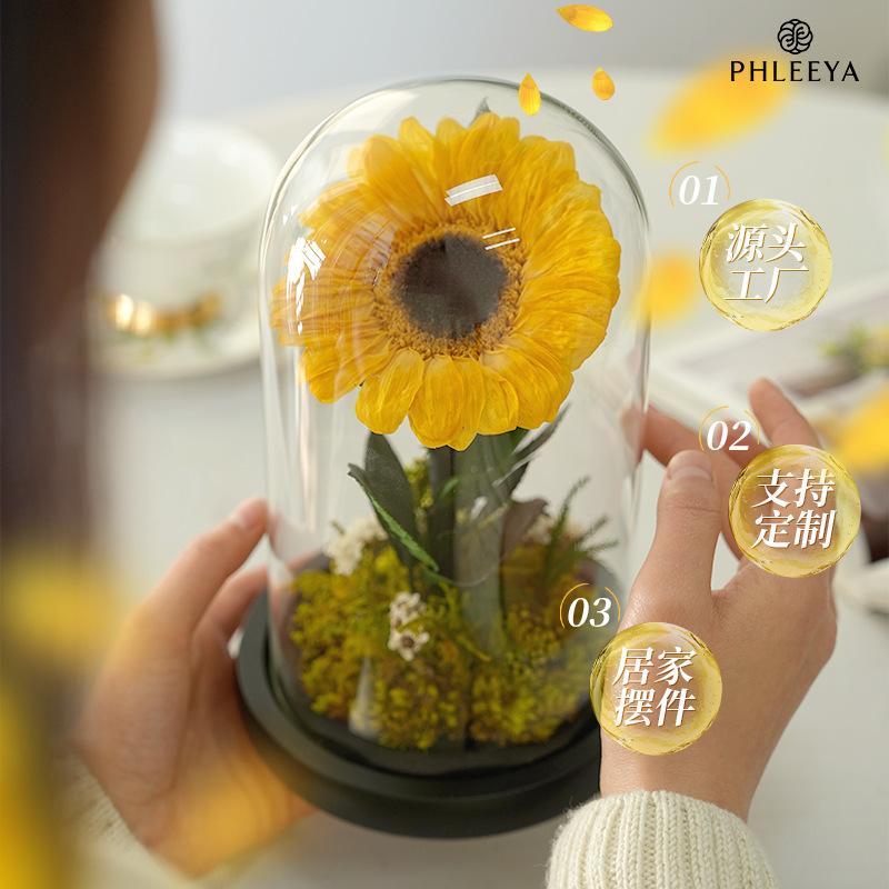 Hoa khô trang trí Hoa hồng và hướng dương vĩnh cửu lồng kính quà tặng cao cấp (HK-26)