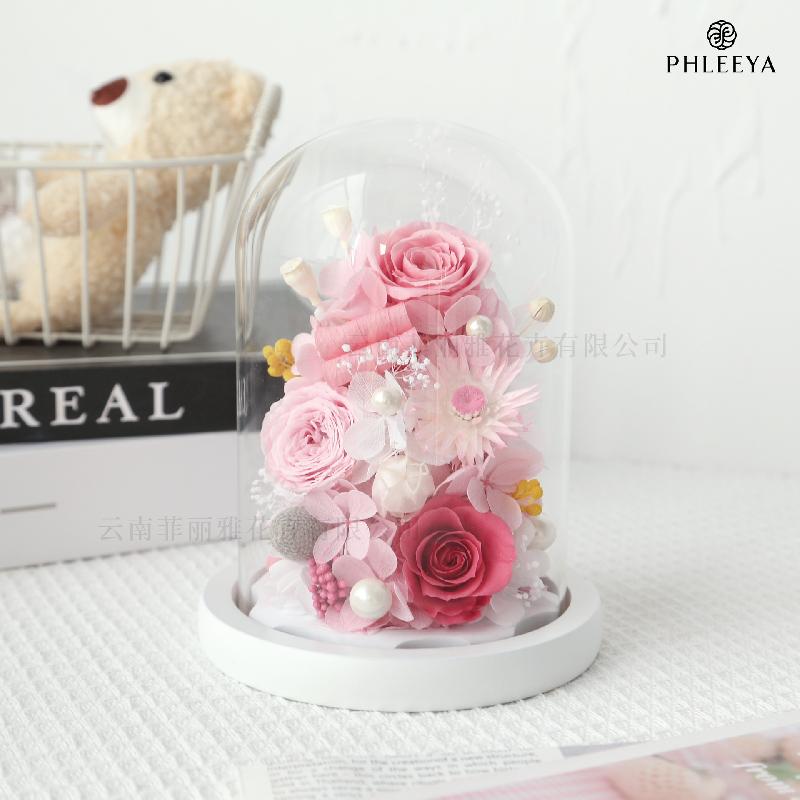 Hoa khô trang trí Lồng kính kỳ lân hoa hồng vĩnh cửu quà Noel giáo viên Valentine (HK-105)