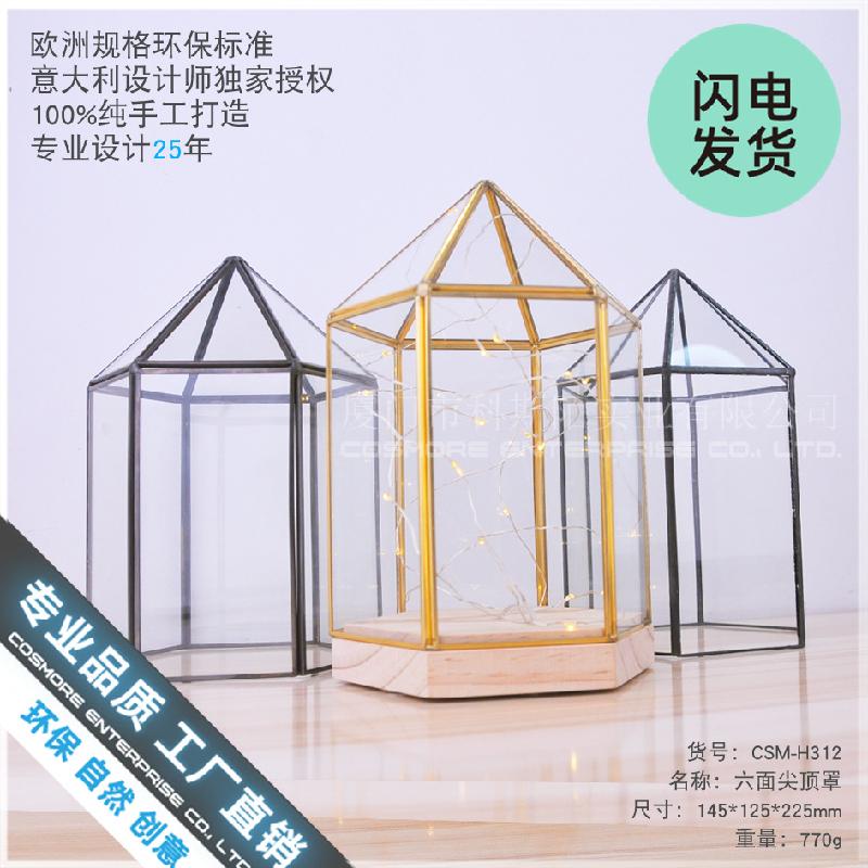 Chậu Đa Giác Chụp kính đỉnh nhọn đế gỗ trang trí, nhà kính hoa bất tử (DG-137)