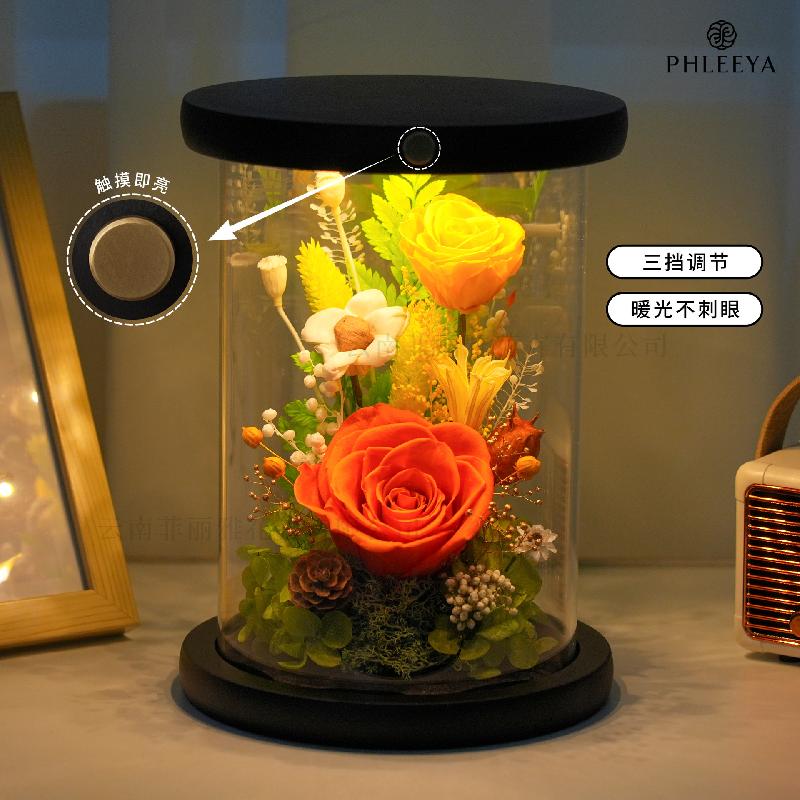 Hoa khô trang trí Đèn ngủ lồng kính hoa hồng vĩnh cửu quà sinh nhật Valentine (HK-25)