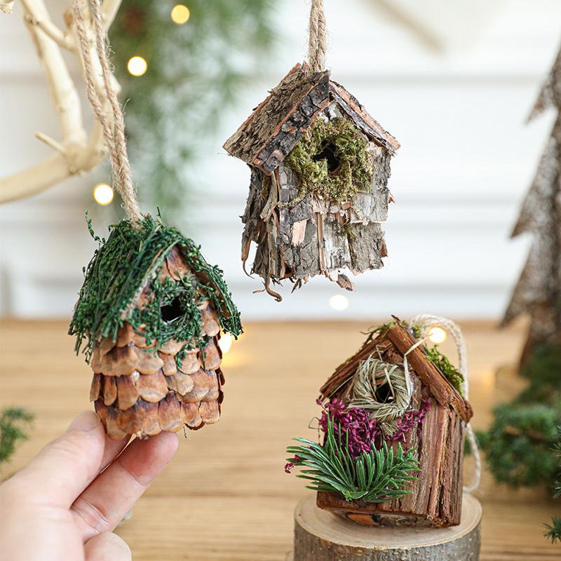 Trang Trí Noel Nhà chim gỗ phủ rêu trang trí Noel, phụ kiện treo cây thông Noel phong cách tự nhiên, decor cửa hàng