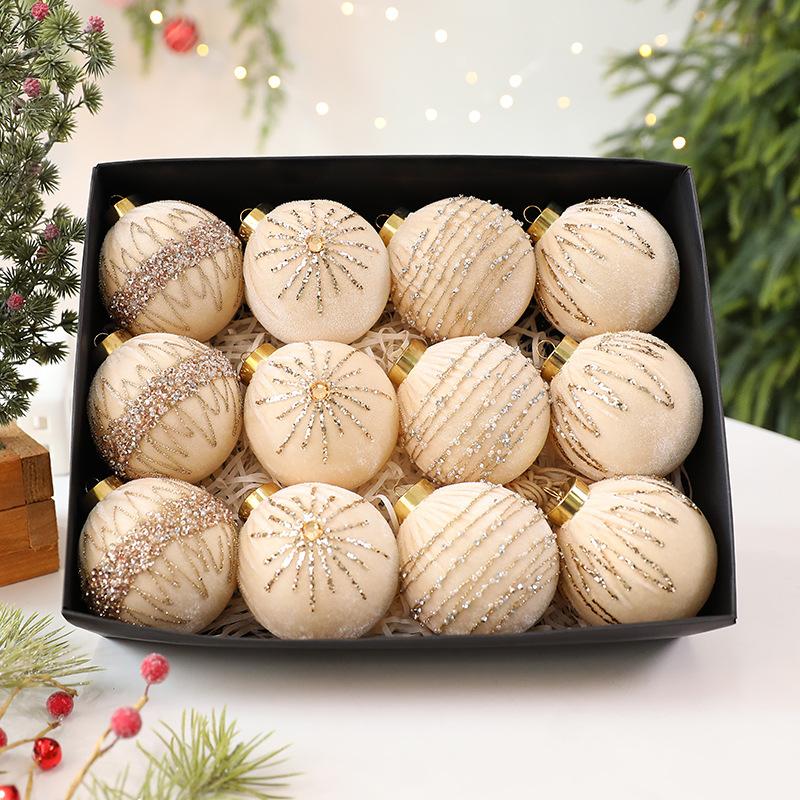 Trang Trí Noel Bộ bóng Noel 8cm bọc nhung kim tuyến, 12 quả, DIY trang trí cây thông Noel, decor cửa sổ phòng khách