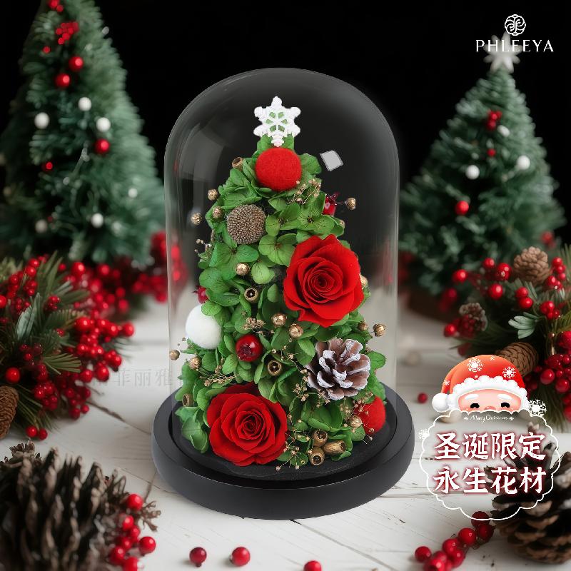 Hoa khô trang trí Hoa hồng vĩnh cửu cây thông Noel lồng kính quà cao cấp (HK-82)