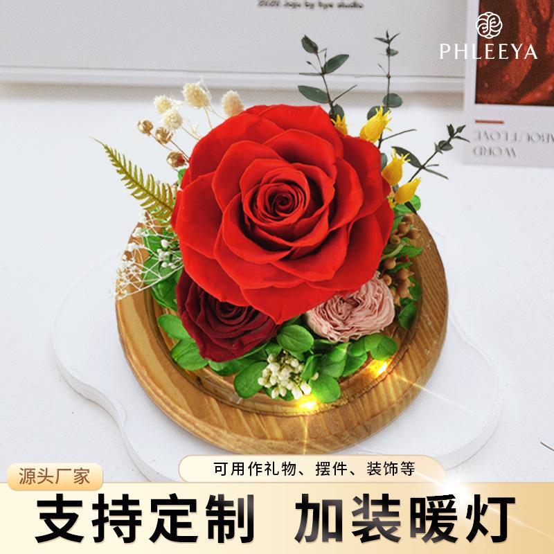 Hoa khô trang trí Đèn ngủ quả cầu vũ trụ hoa hồng vĩnh cửu lồng kính (HK-115)